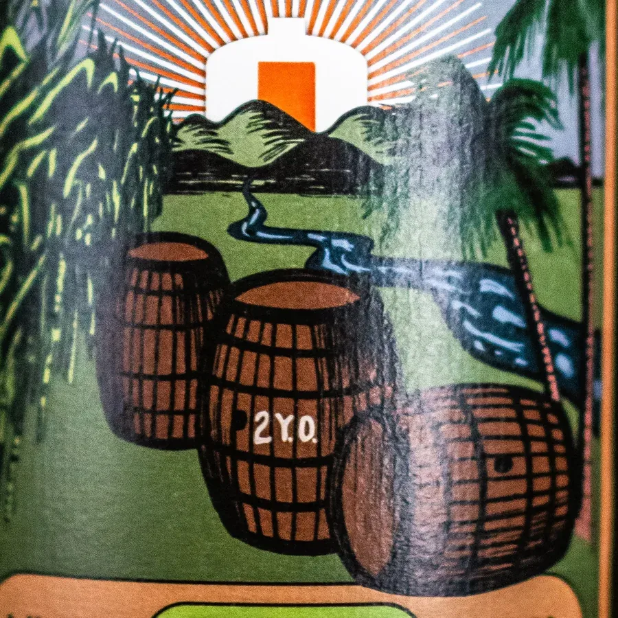Detail of the Legendary Marques label: barrels, one marked 2 Y.O.
